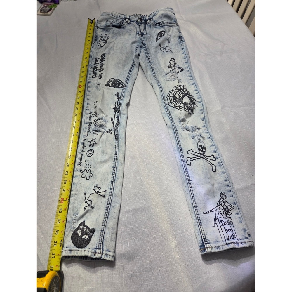 Ninth Hall Rogue Acid Wash Tattoo Graphic Distressed Skinny Jeans Mens 28